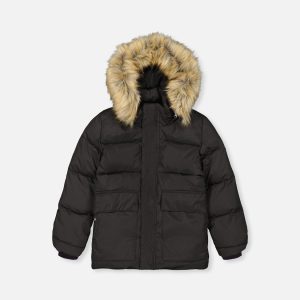 Winter Jacket With Faux-Fur Hood Black