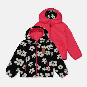 Reversible Mid-Season Jacket Pink And Black Printed Flowers