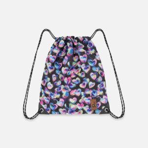 Drawstring Bag Black Printed With Hearts