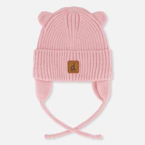 Baby Knit Hat With Strings Pale Dusty Pink