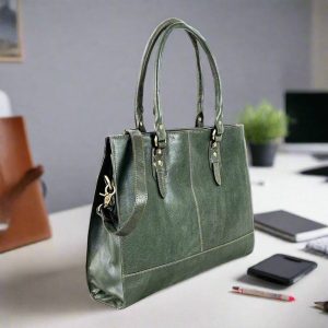 The Signature 17" Leather Laptop Bag, Olive Green - Image 3