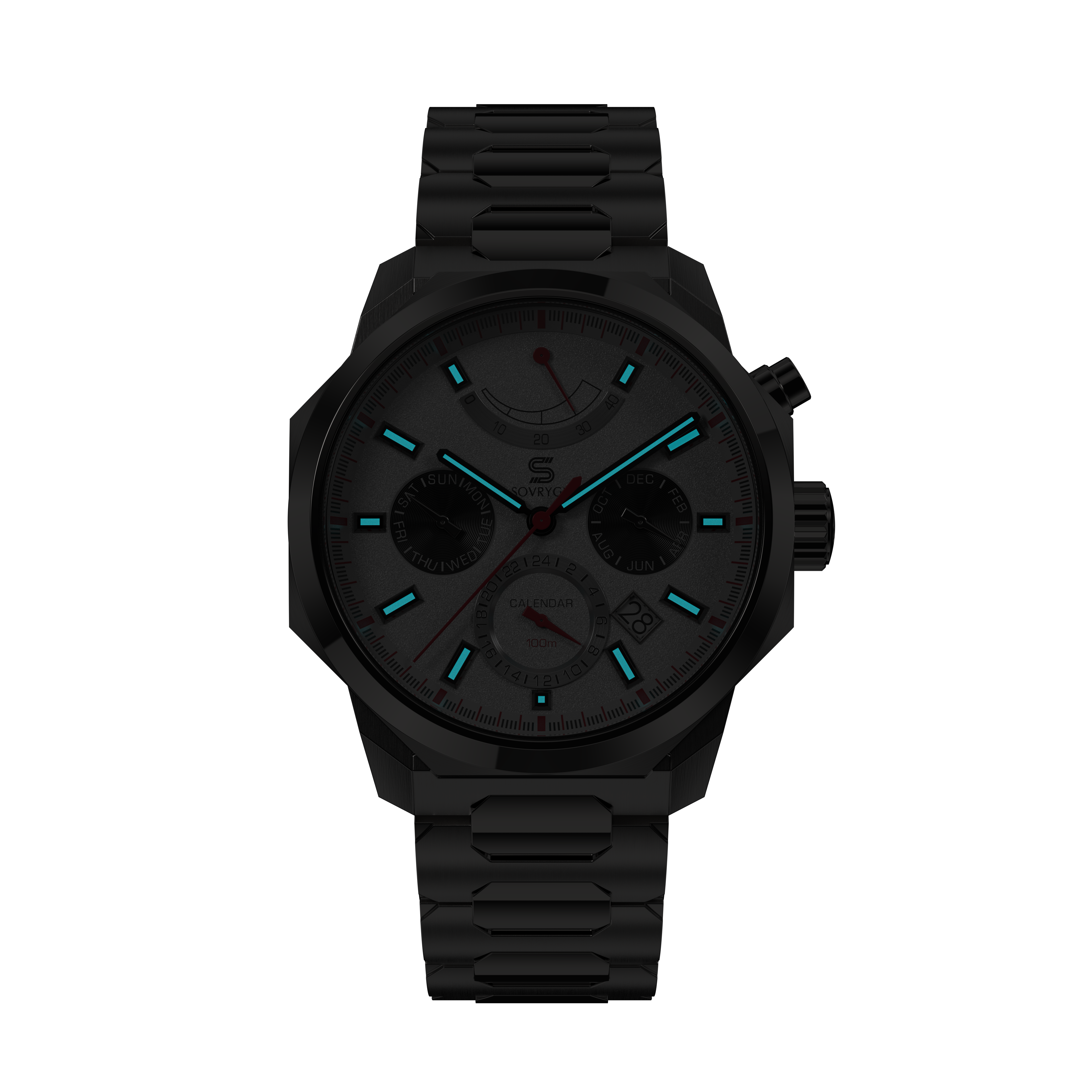 SOVRYGN Calendar Panda watch with white dial, black subdials, and full calendar layout