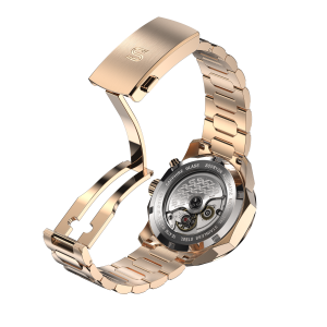 SOVRYGN Calendar Rose White watch with rose‑gold case, white textured dial, and multi‑function subdials
