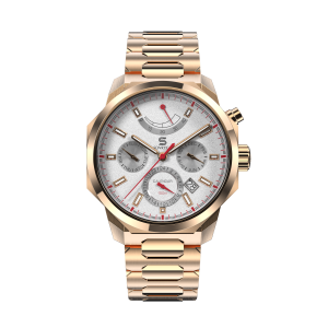 SOVRYGN Calendar Rose White watch with rose‑gold case, white textured dial, and multi‑function subdials