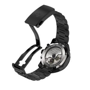 SOVRYGN Calendar Midnight Edition watch with crimson dial, matte black case, and red‑gold accents - Back View