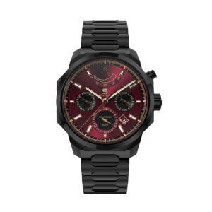 SOVRYGN Calendar Midnight Edition watch with crimson dial, matte black case, and red‑gold accents - Back View