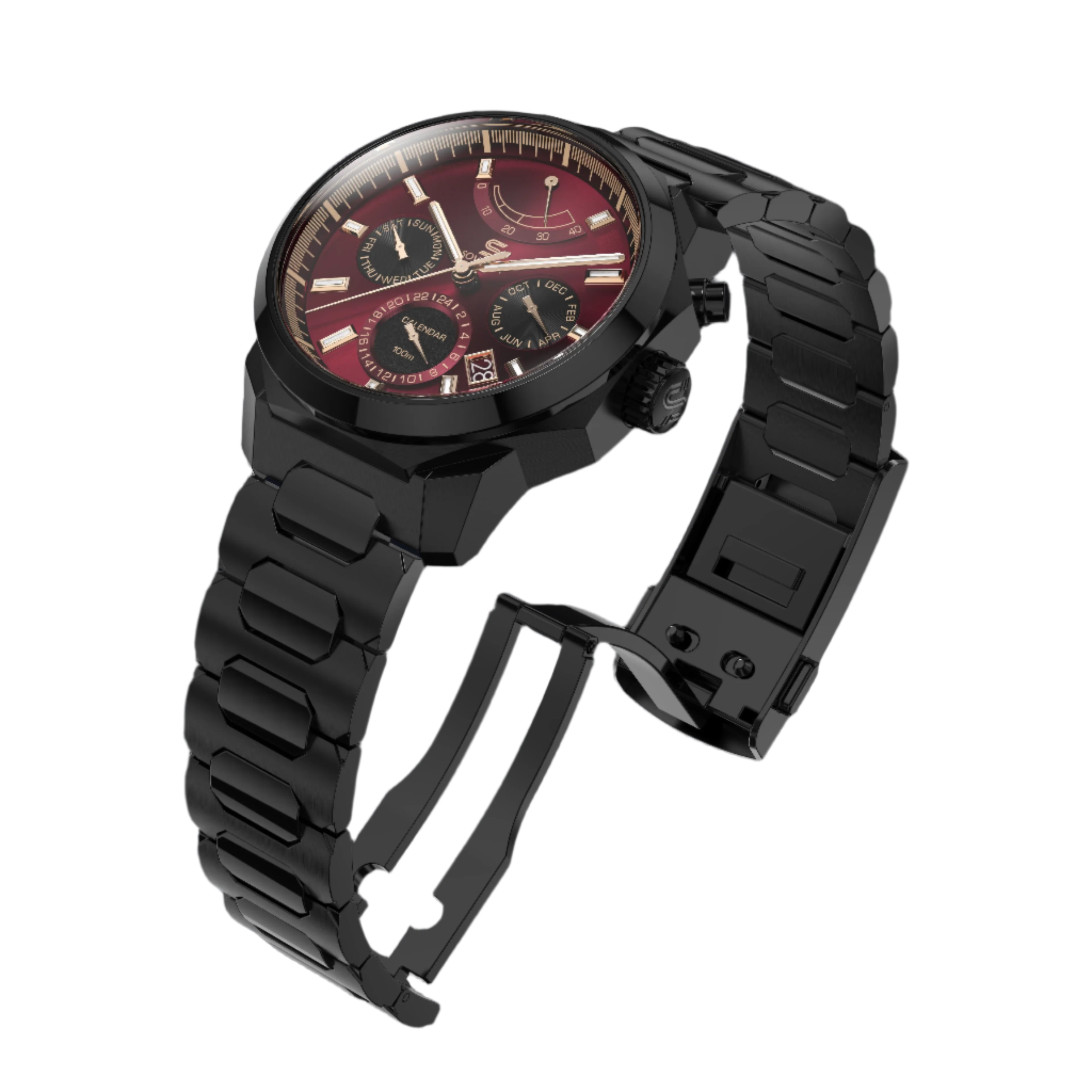 SOVRYGN Calendar Midnight Edition watch with crimson dial, matte black case, and red‑gold - accents - Profile View