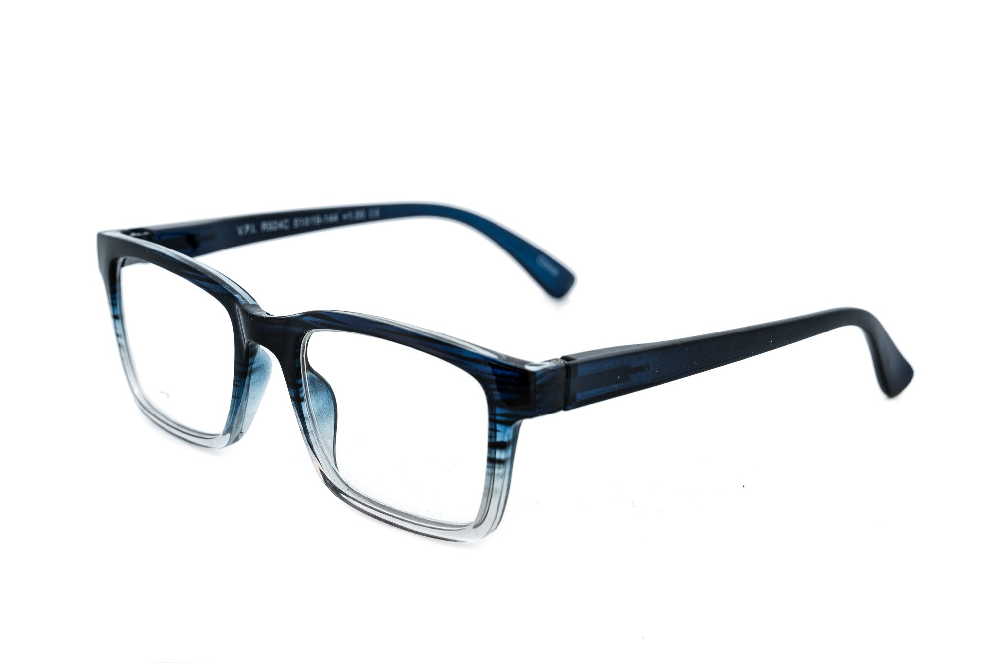 Boléro Eyeware Ravari blue‑to‑clear ombré rectangular reading glasses with navy temples
