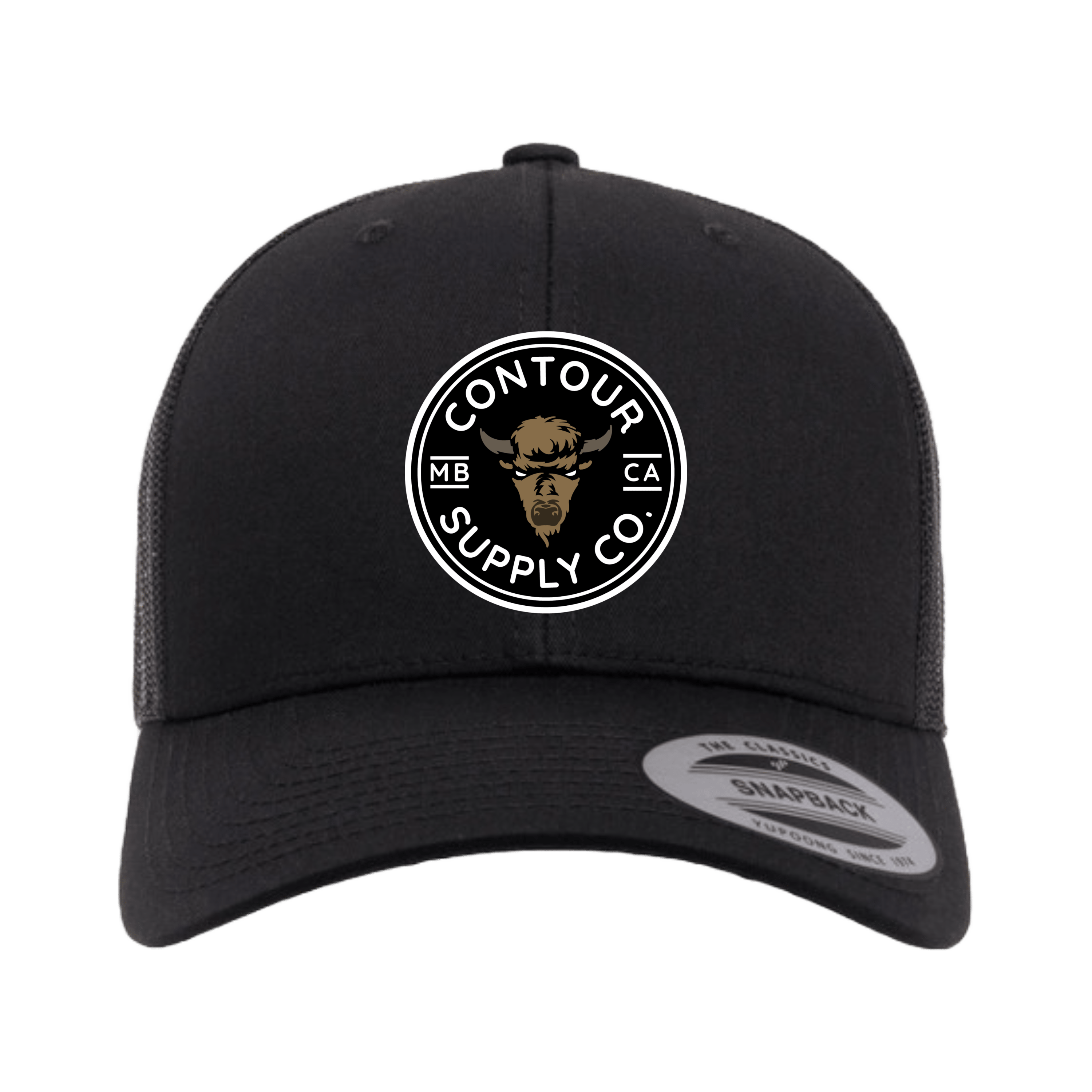 Hat black embroidered patch Contour Supply Company Retro Trucker Snapback with structured 6‑panel design and mesh back