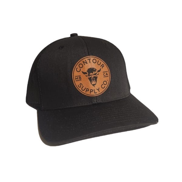 Rawhide/Black Leatherette Patch Contour Supply Company Retro Trucker Snapback with structured 6‑panel design and mesh back