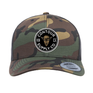 Camo/Black - Embroidered Patch Contour Supply Company Retro Trucker Snapback with structured 6‑panel design and mesh back