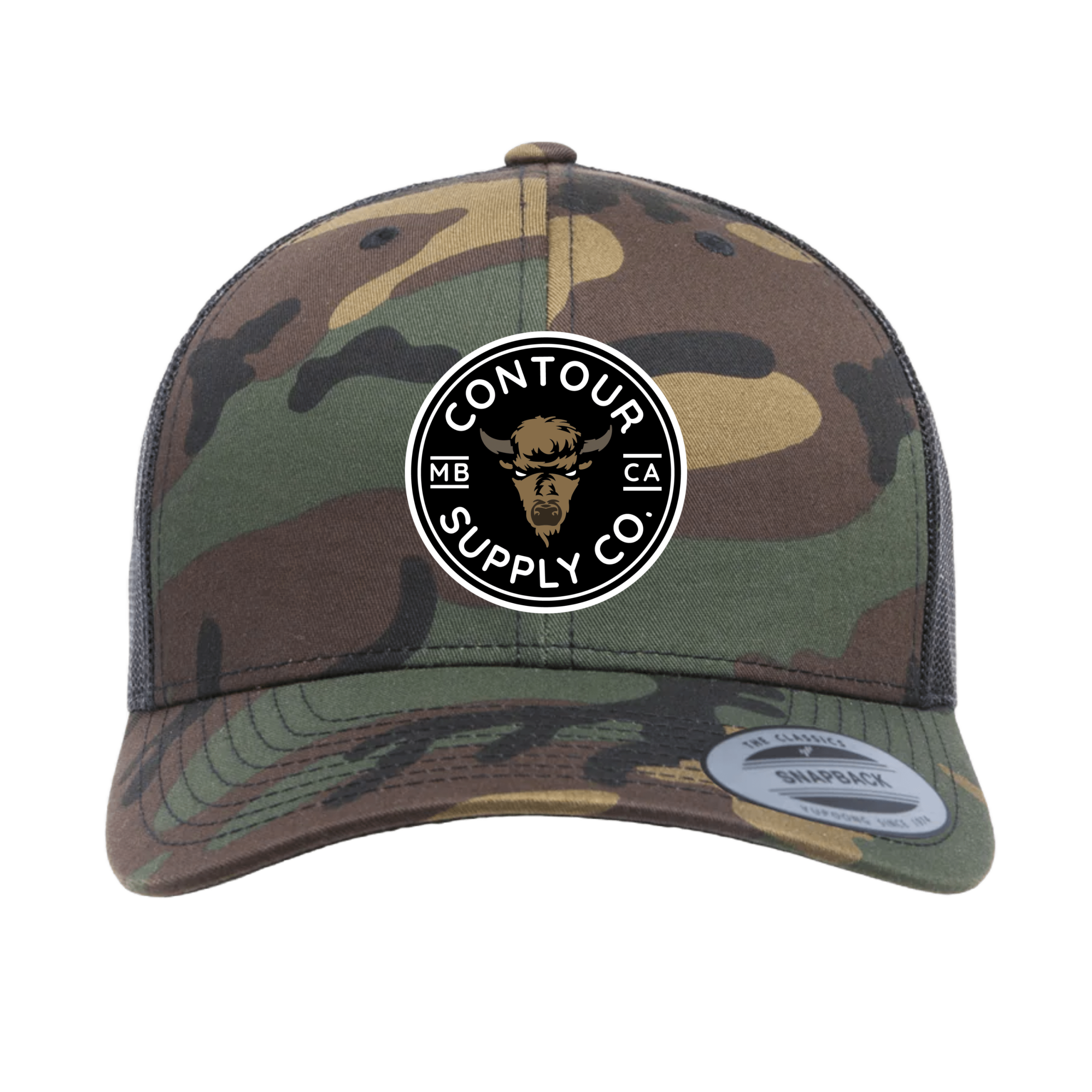 Camo/Black - Embroidered Patch Contour Supply Company Retro Trucker Snapback with structured 6‑panel design and mesh back