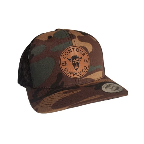Camo/Black - Rawhide/Black Leatherette Patch Contour Supply Company Retro Trucker Snapback with structured 6‑panel design and mesh back