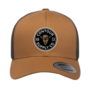 Caramel/Black - Embroidered Patch Contour Supply Company Retro Trucker Snapback with structured 6‑panel design and mesh back