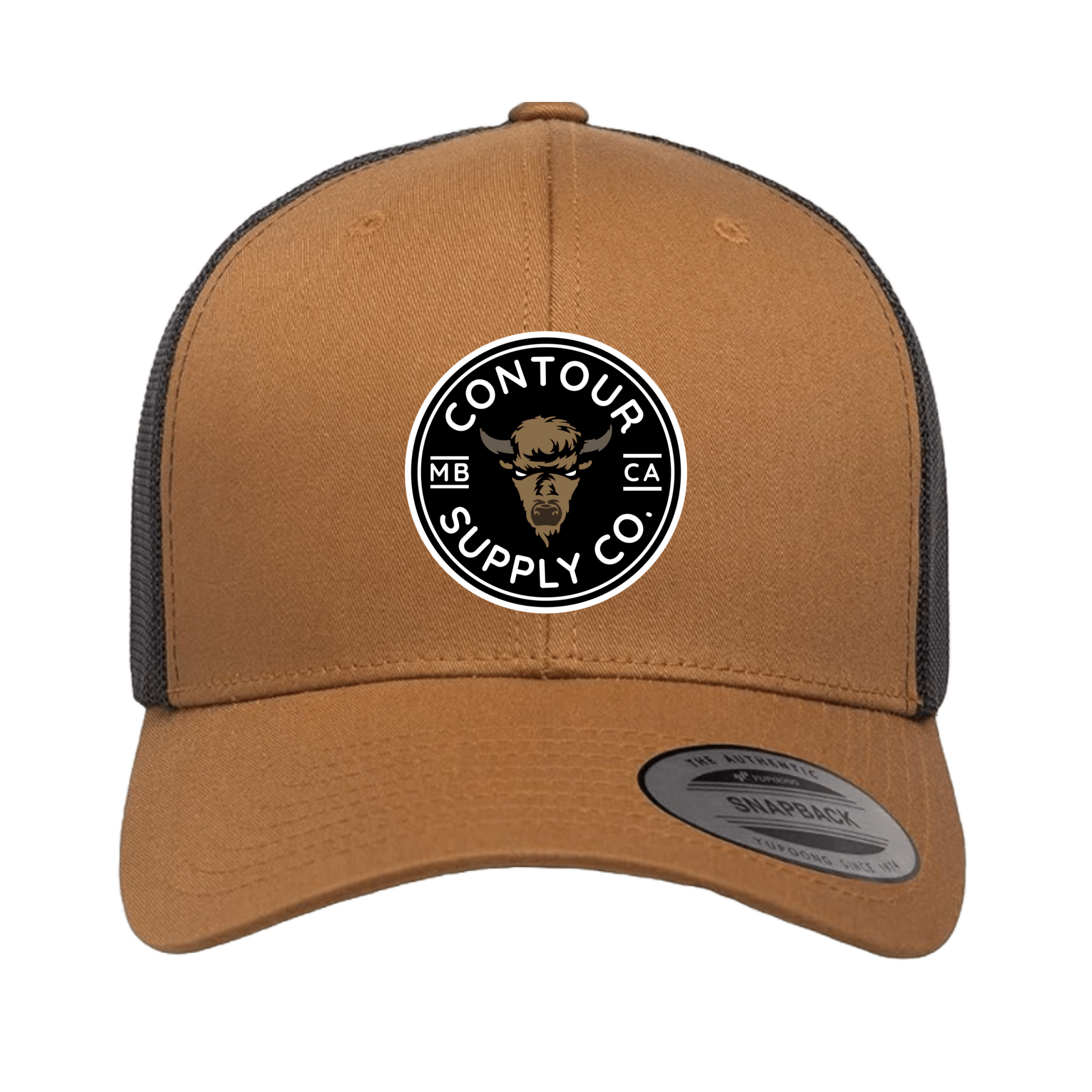 Caramel/Black - Embroidered Patch Contour Supply Company Retro Trucker Snapback with structured 6‑panel design and mesh back