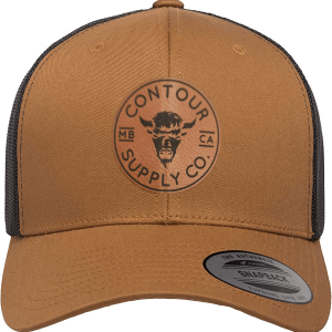Caramel/Black - Rawhide/Black Leatherette Patch Contour Supply Company Retro Trucker Snapback with structured 6‑panel design and mesh back