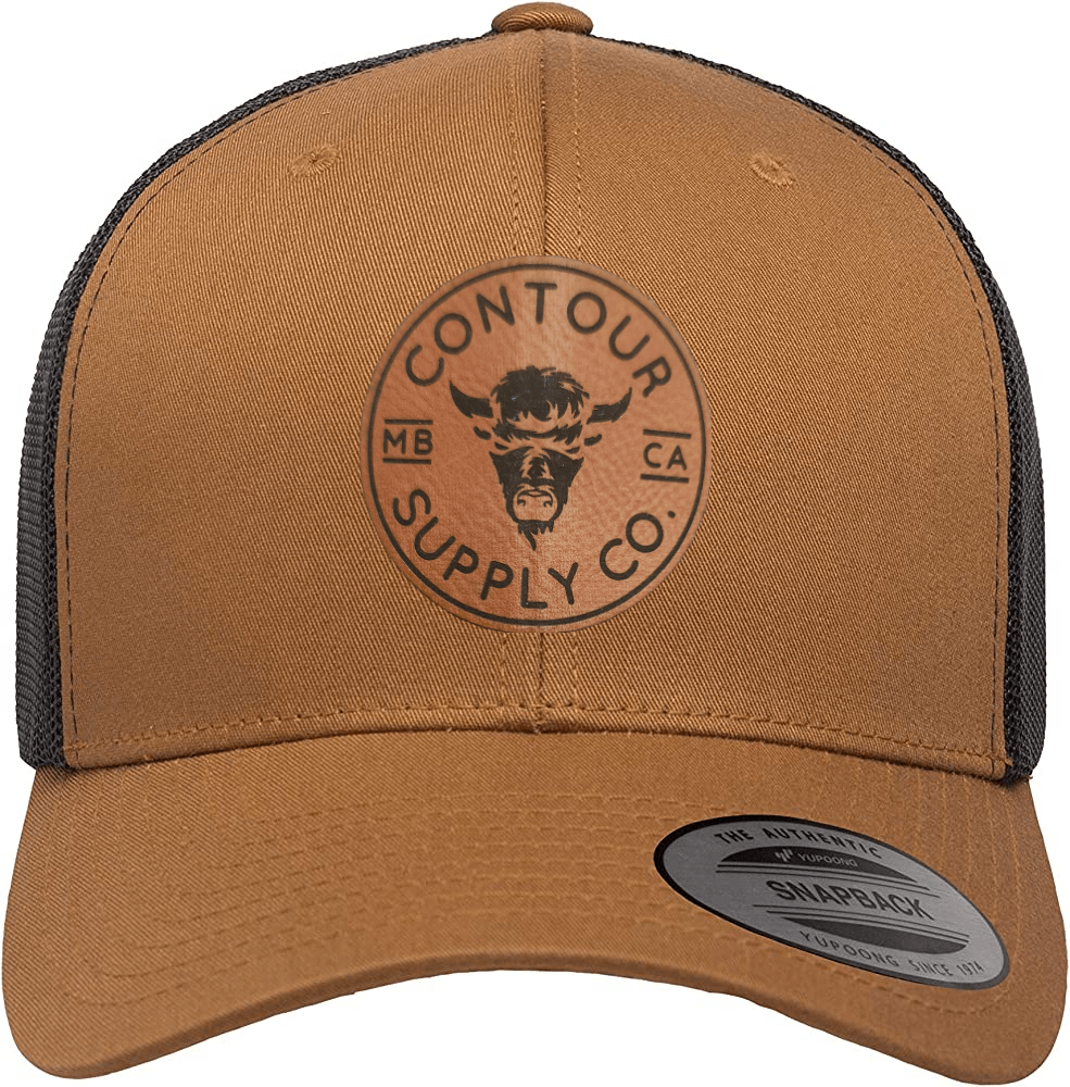 Caramel/Black - Rawhide/Black Leatherette Patch Contour Supply Company Retro Trucker Snapback with structured 6‑panel design and mesh back