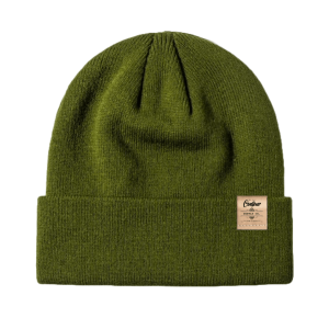 Contoure Supply Company Imperial premium acrylic knit beanie in classic cuffed design - Pine Green - Tan small Leather Label