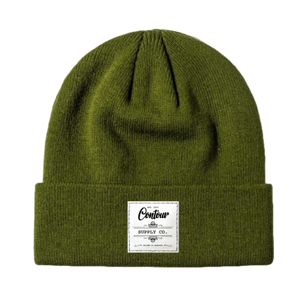 Contoure Supply Company Imperial premium acrylic knit beanie in classic cuffed design - Army Green -White Leather Patch