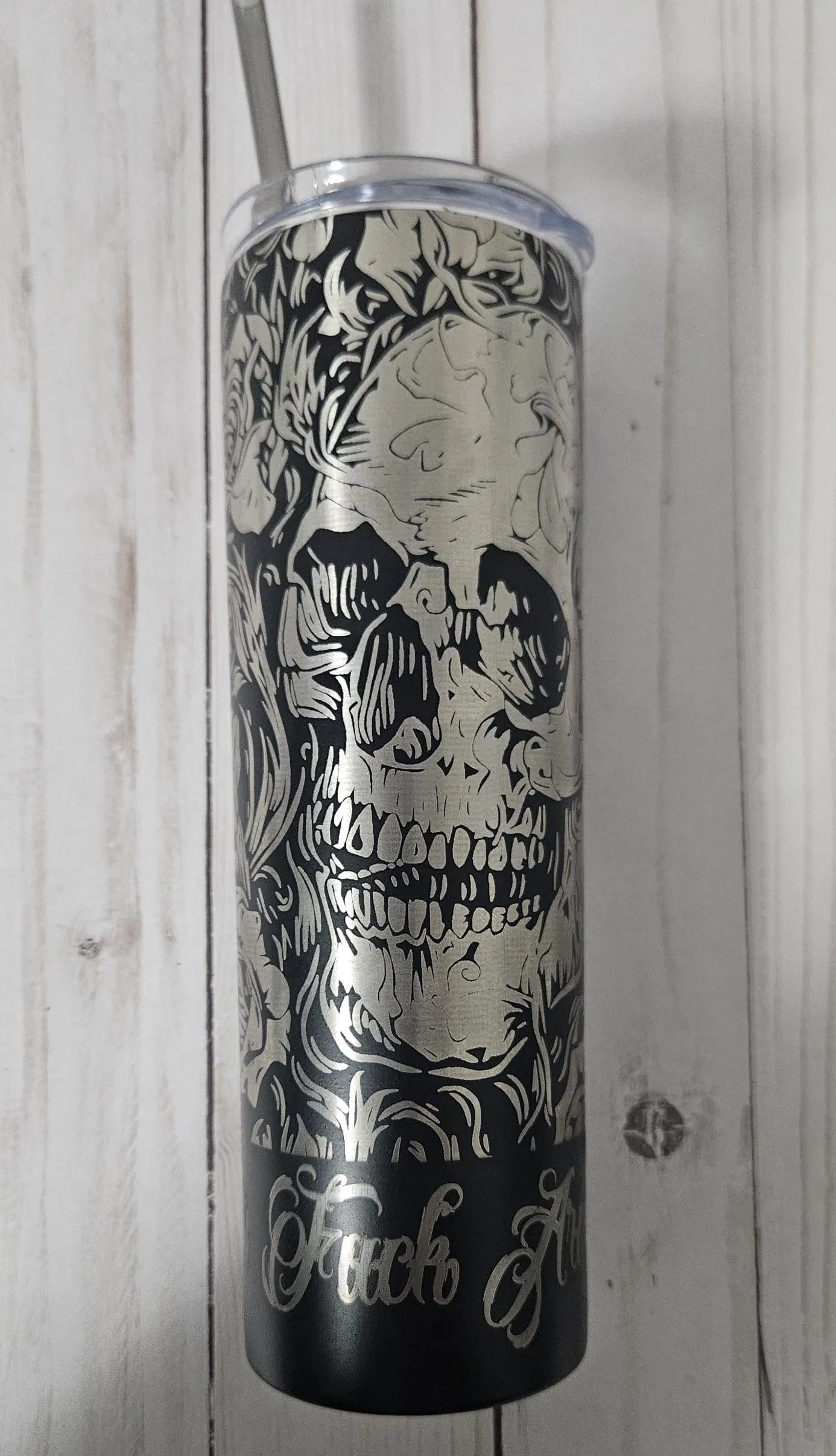Fuck Around & Find Out - Engraved 20oz Insulated Skinny Tumbler | Skull and Roses Design | Laser Engraved Wrap - Image 2
