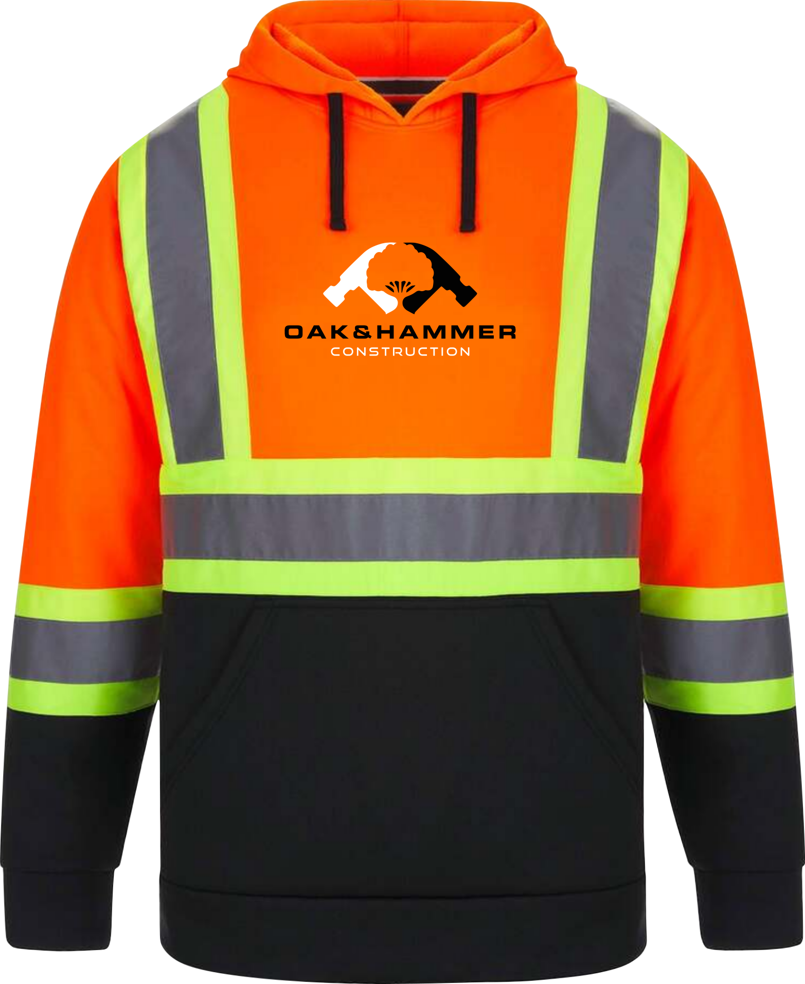 Oak & Hammer CX2 Long Haul hi‑vis polyester hoodie with reflective tape and brushed fleece interior