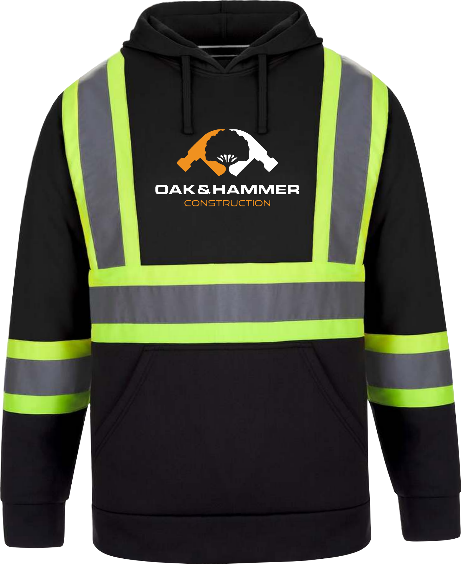 Oak & Hammer CX2 Long Haul hi‑vis polyester hoodie with reflective tape and brushed fleece interior