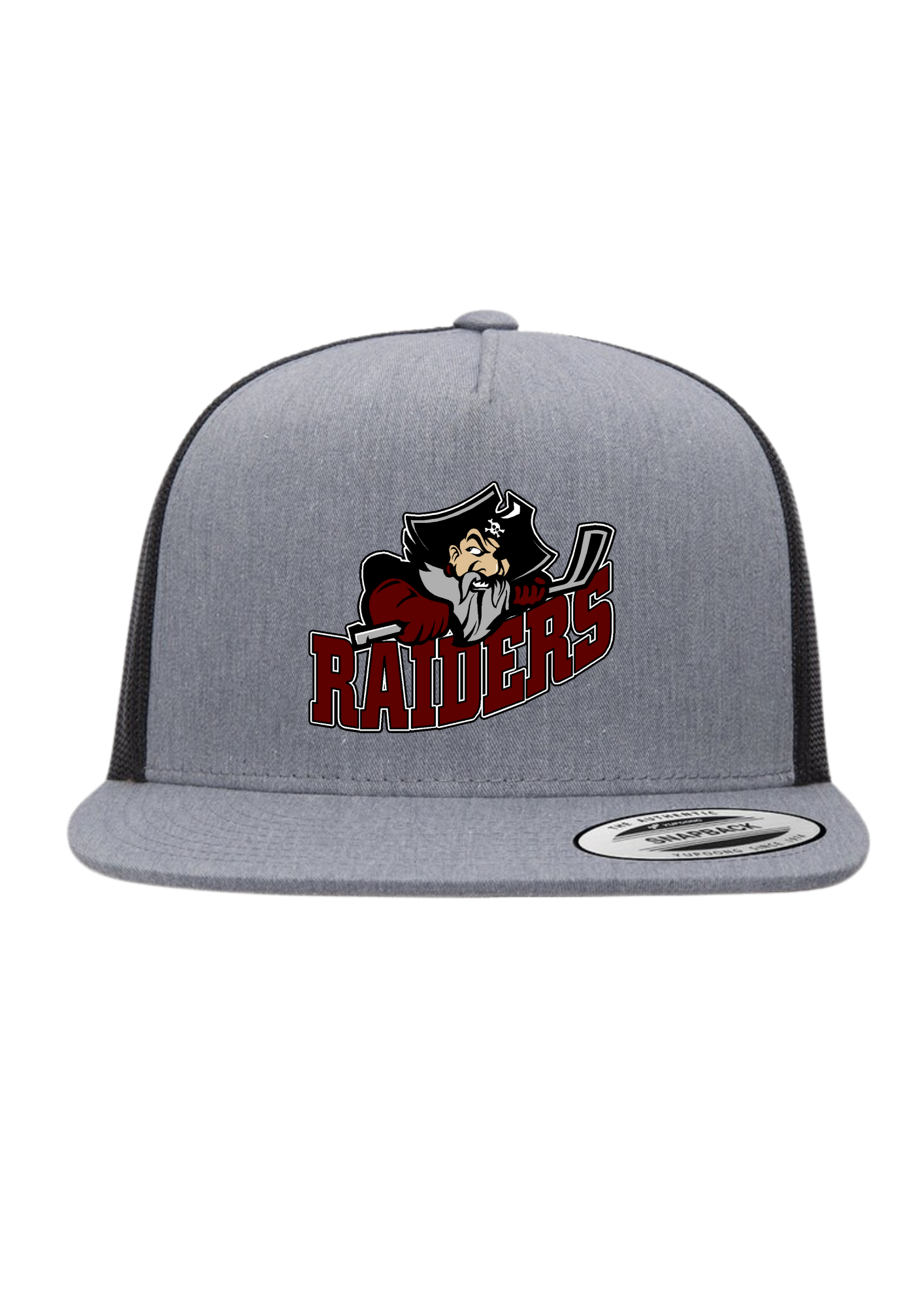 Seven Oaks Raiders flat bill snapback with engraved leather patch and structured fit - Grey Heather/Black - Engraved Patch