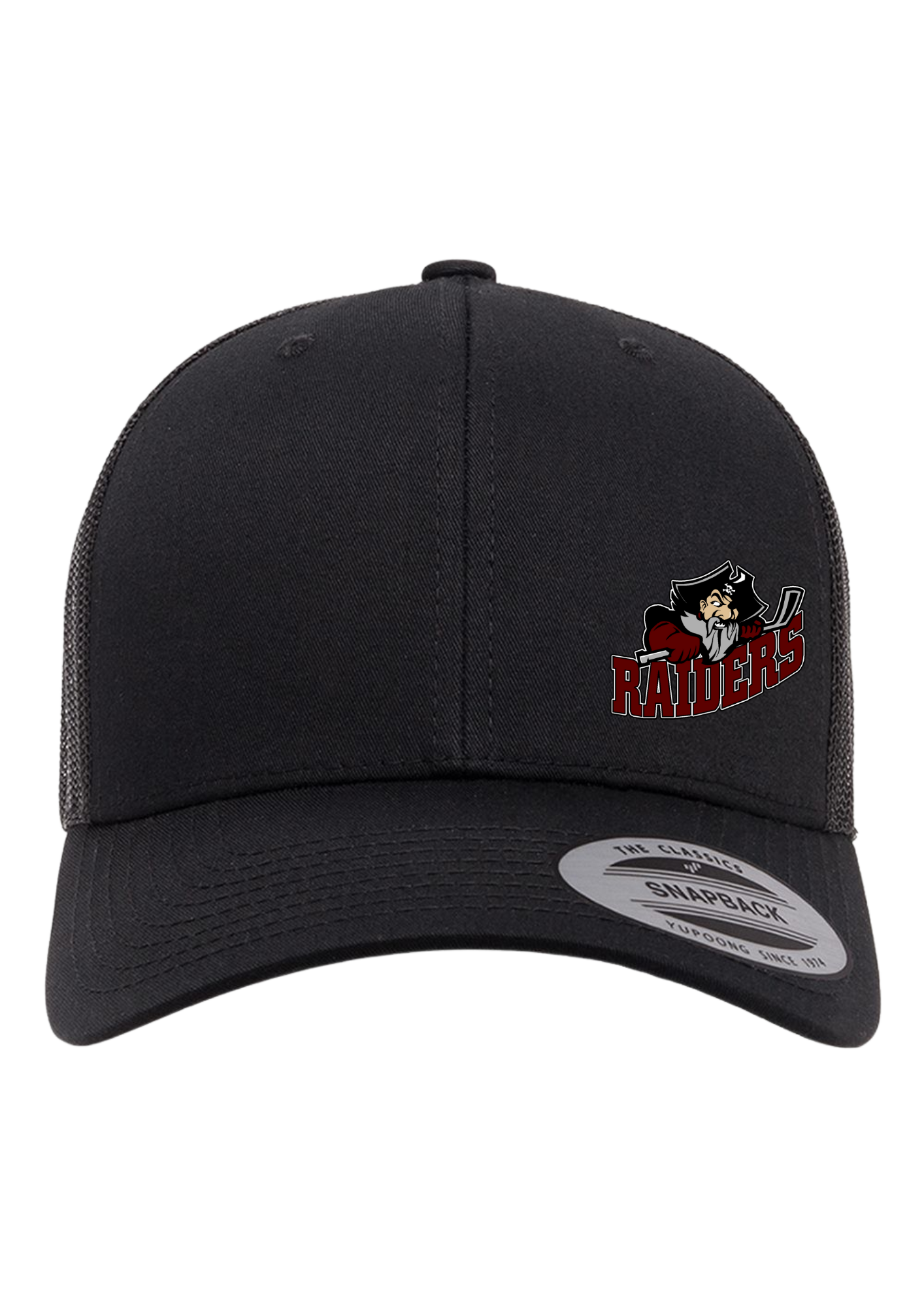 Seven Oaks Raiders retro trucker snapback with engraved leather patch and mesh back - Black -Side