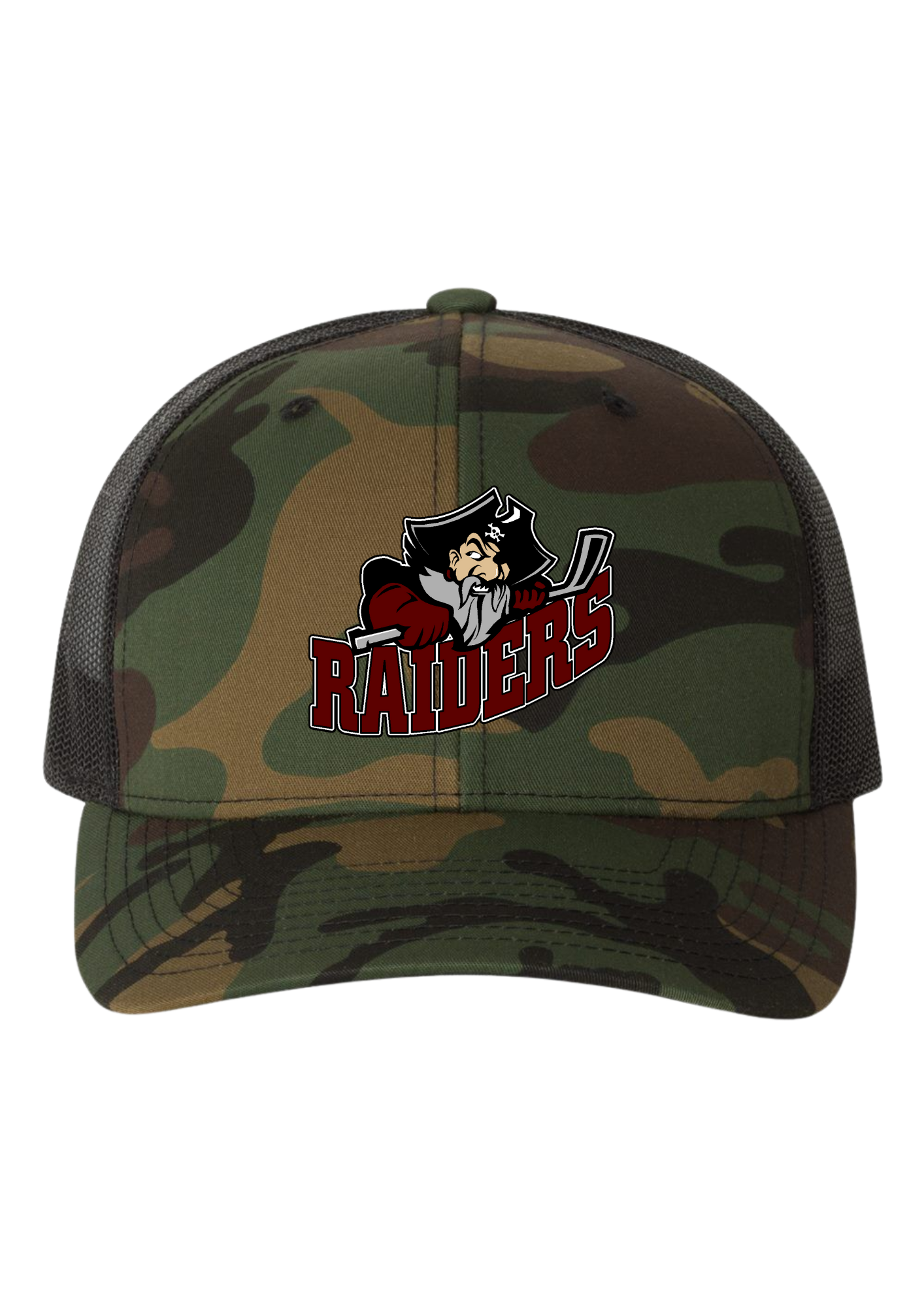 Seven Oaks Raiders retro trucker snapback with engraved leather patch and mesh back Camo/Black