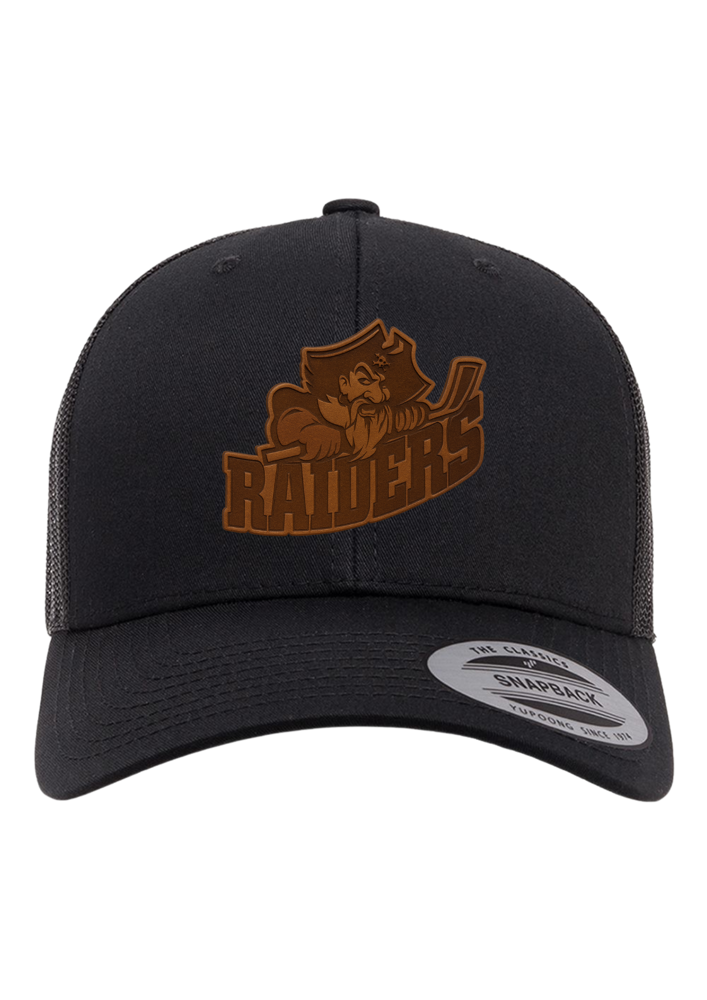 Seven Oaks Raiders retro trucker snapback with engraved leather patch and mesh back - Black