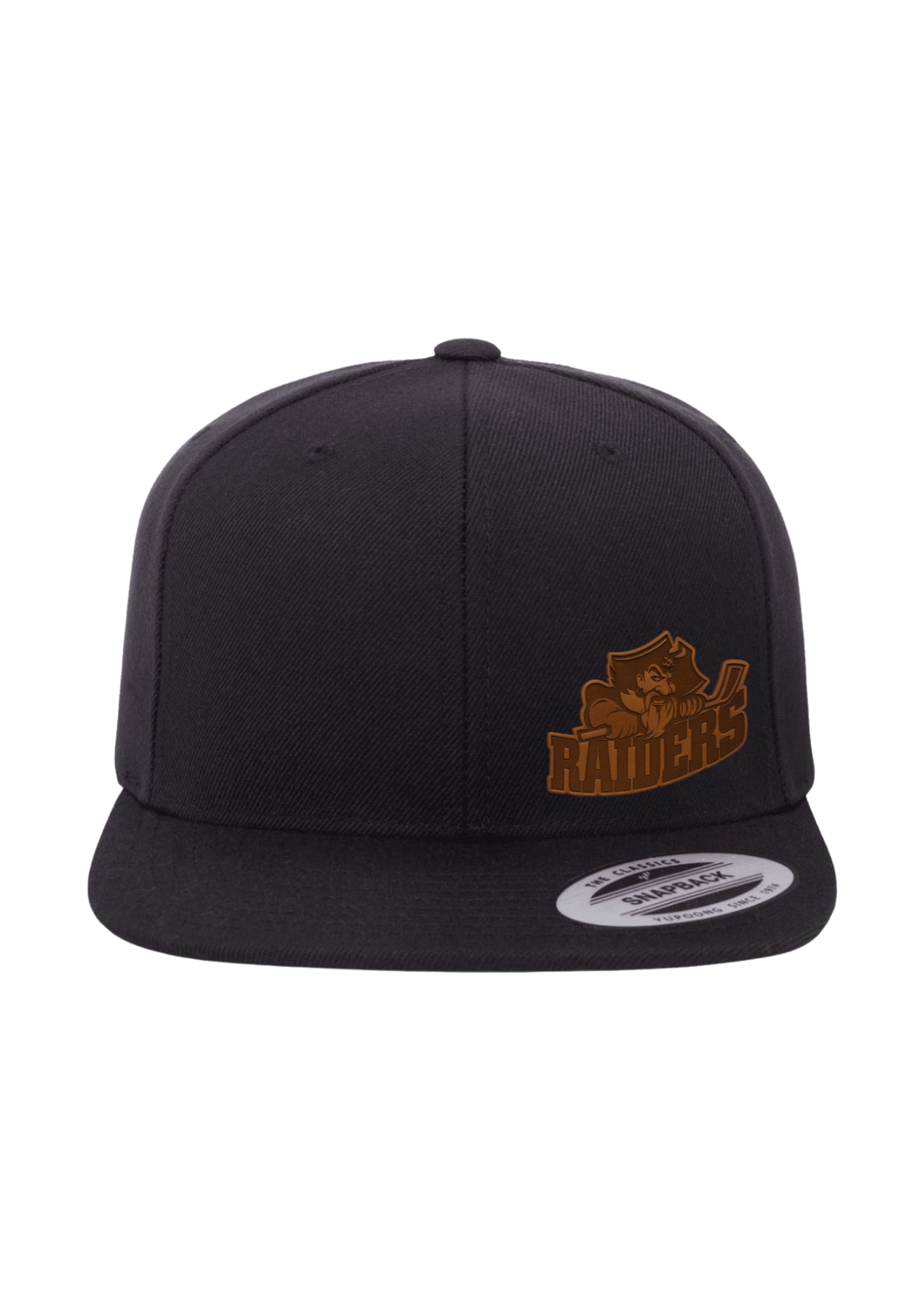 Seven Oaks Raiders flat bill snapback with engraved leather patch and structured fit - Black - Embroidery