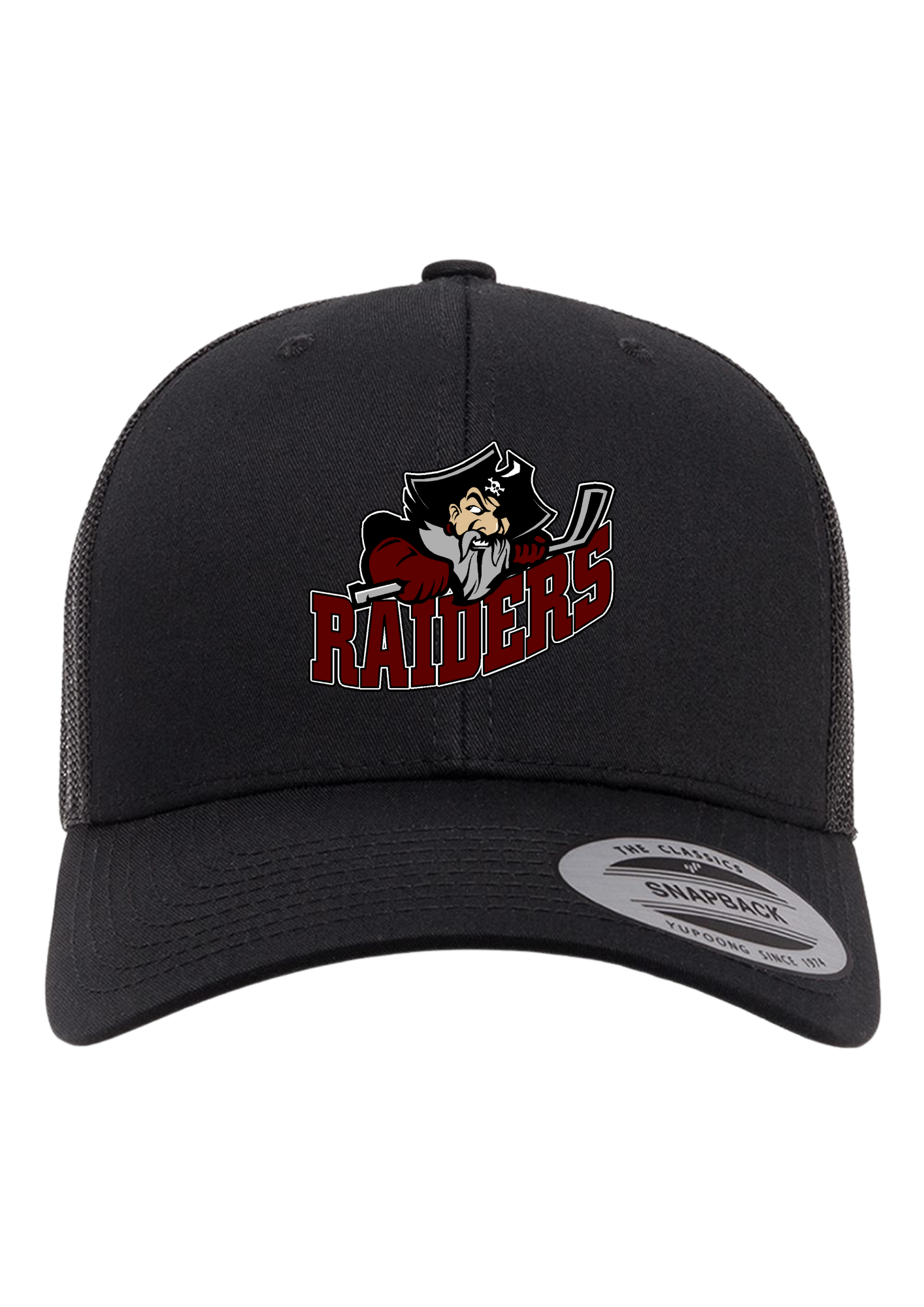 Seven Oaks Raiders retro trucker snapback with engraved leather patch and mesh back