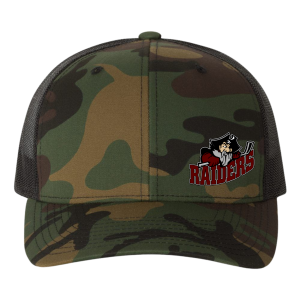 Seven Oaks Raiders retro trucker snapback with engraved leather patch and mesh back - Camo/Black side