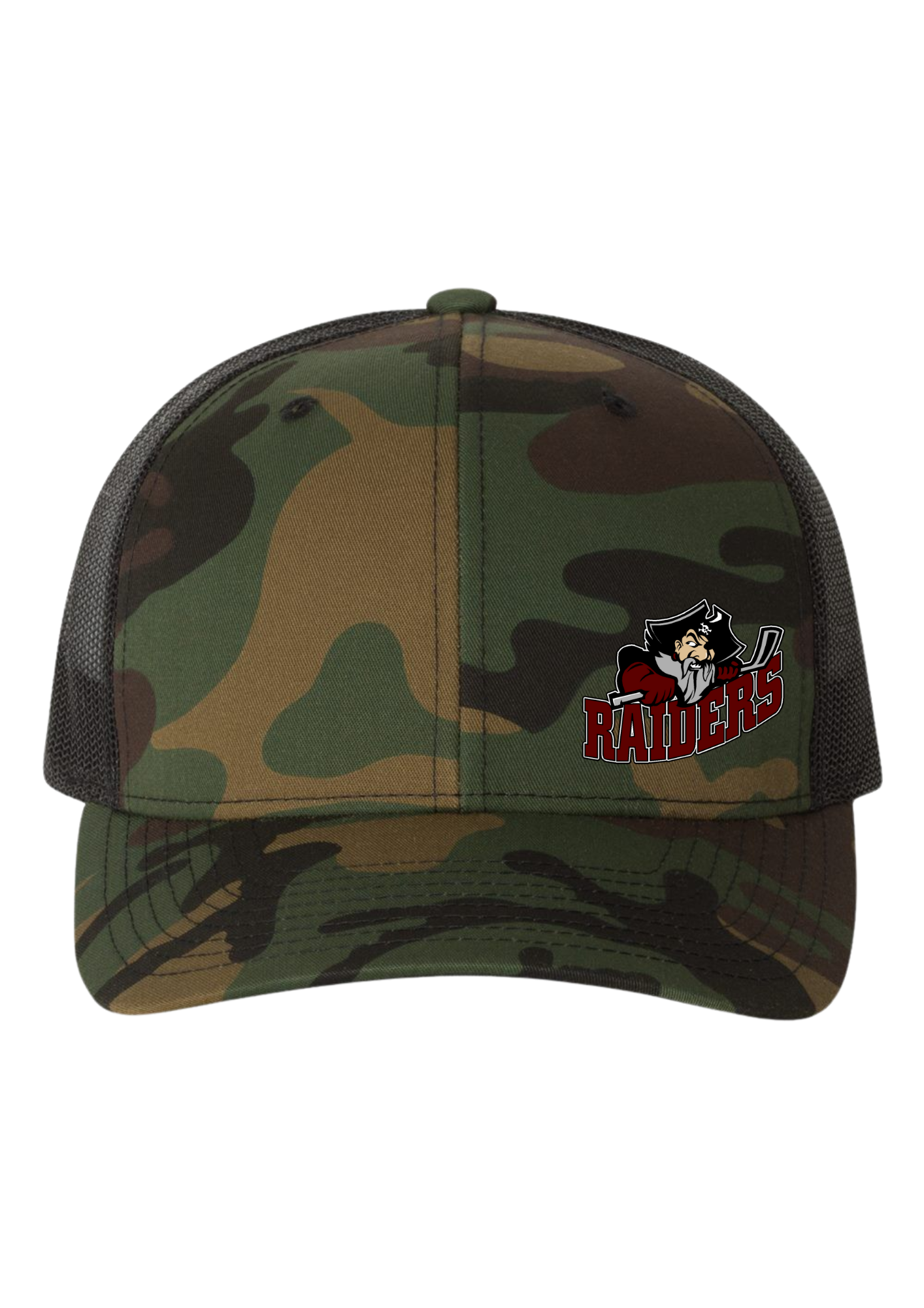 Seven Oaks Raiders retro trucker snapback with engraved leather patch and mesh back - Camo/Black side