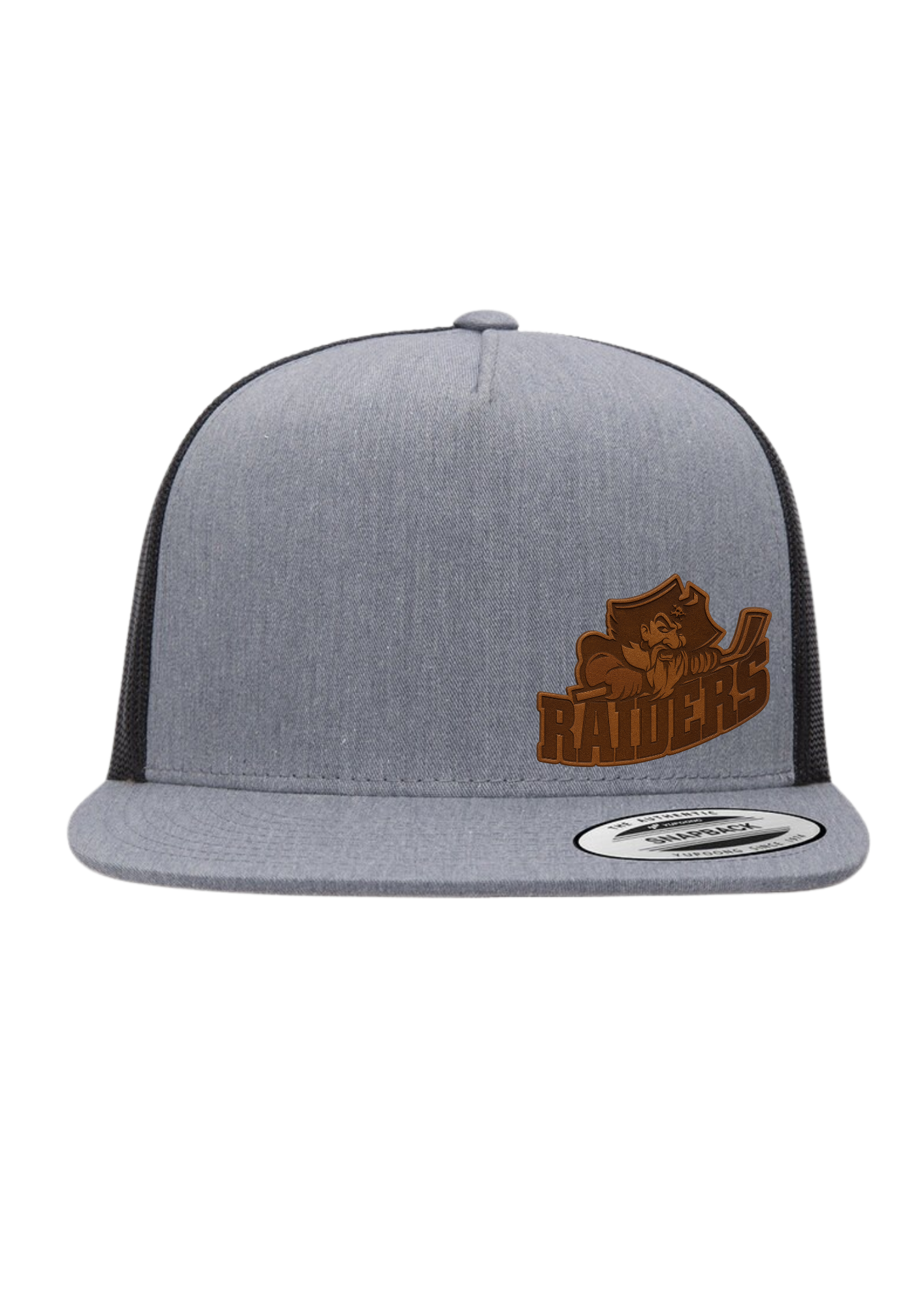 Seven Oaks Raiders flat bill snapback with engraved leather patch and structured fit - Grey Heather/Black - Engraved Patch