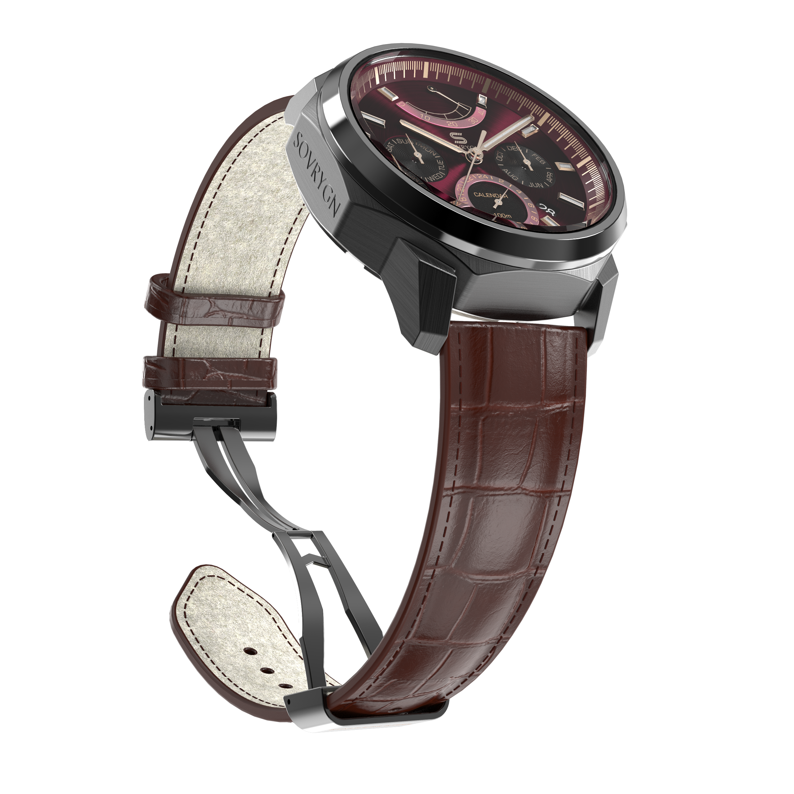 SOVRYGN brown leather watch strap with black deployment clasp