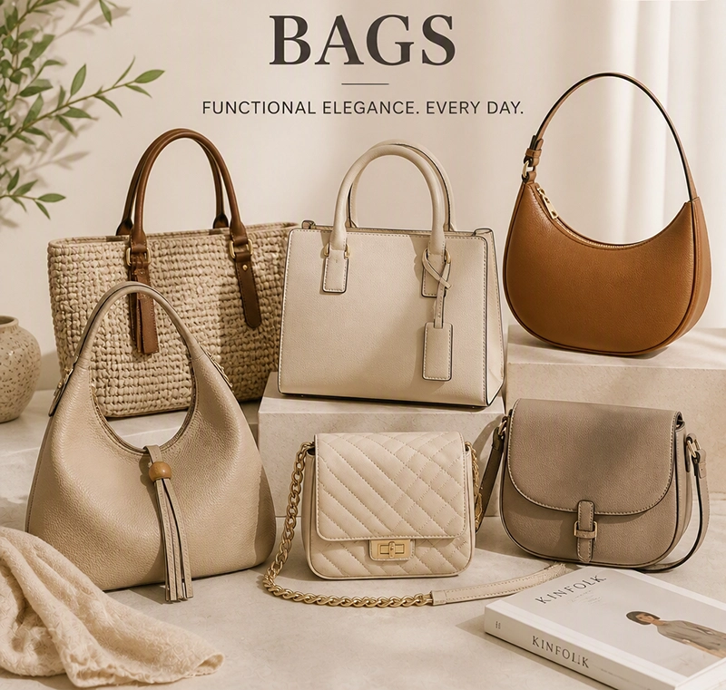 Folded bags and purses in neutral tones displayed on a minimalist surface, highlighting craftsmanship and modern fashion design.