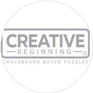 Creative Beginning logo featuring gray rectangular frame with bold uppercase text and tagline “Chalkboard Based Puzzles” below.