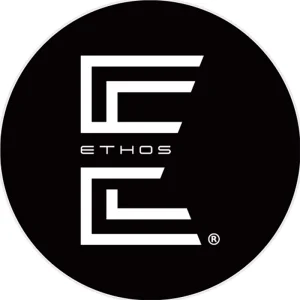 Ethos logo featuring bold geometric white “E” shapes mirrored vertically on a black circular background with the word “ETHOS” centered between them.