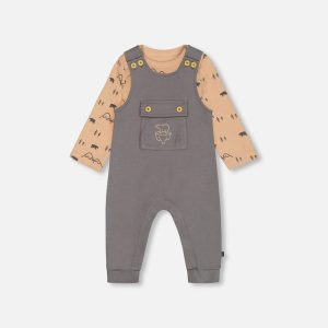 Organic Cotton Printed Onesie And Overall Set Dark Gray With Mountains - Image 9