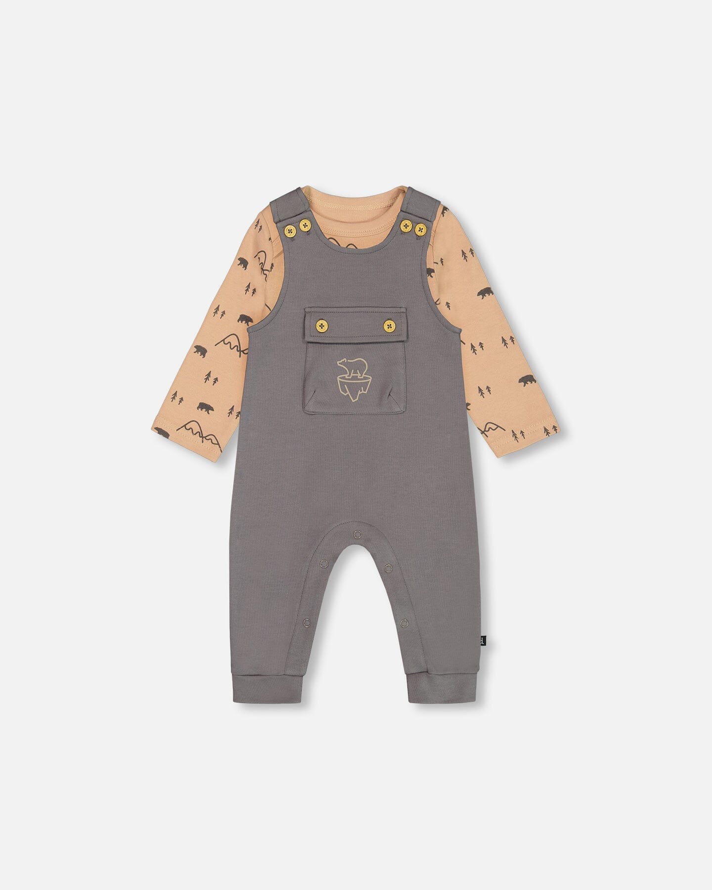 Organic Cotton Printed Onesie And Overall Set Dark Gray With Mountains - Image 9