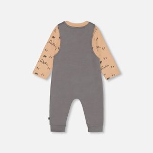 Organic Cotton Printed Onesie And Overall Set Dark Gray With Mountains - Image 2