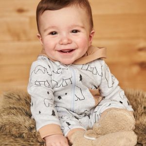 Organic Cotton Hooded Jumpsuit Gray Mix Printed Bears - Image 2