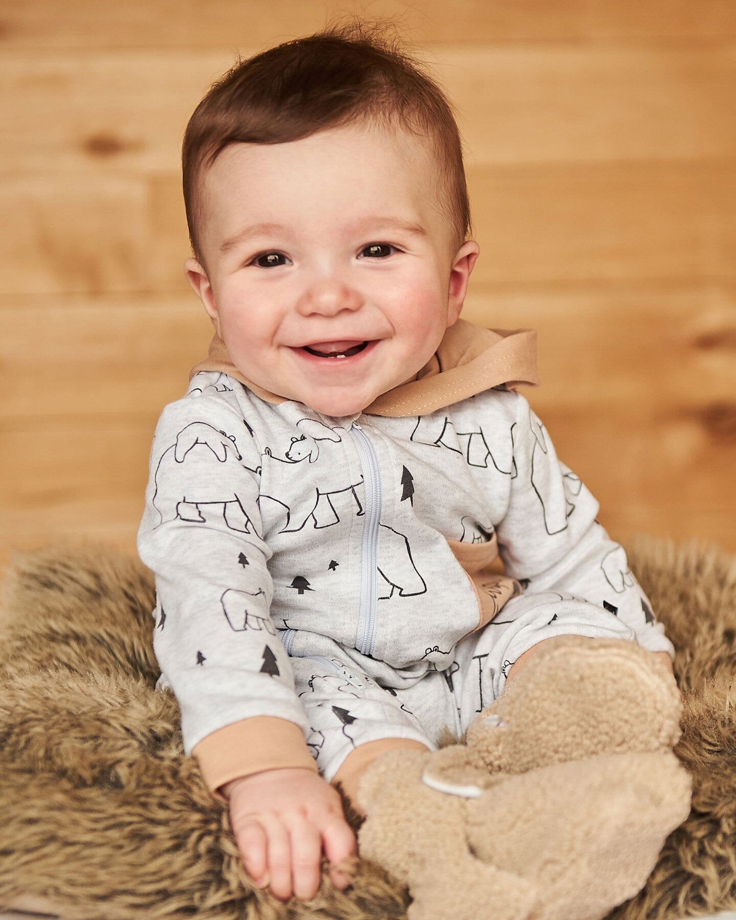 Organic Cotton Hooded Jumpsuit Gray Mix Printed Bears - Image 2