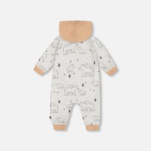 Organic Cotton Hooded Jumpsuit Gray Mix Printed Bears - Image 3