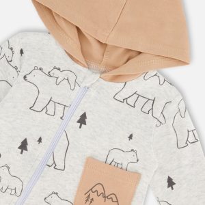 Organic Cotton Hooded Jumpsuit Gray Mix Printed Bears - Image 4