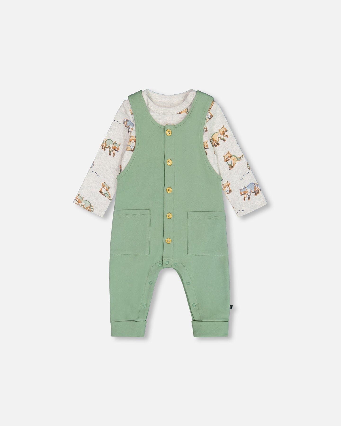 Organic Cotton Printed Onesie And Overall Set Green And Racoon - Image 7