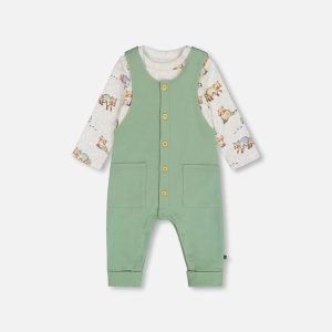 Organic Cotton Printed Onesie And Overall Set Green And Racoon - Image 8