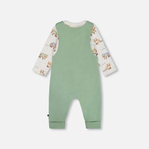 Organic Cotton Printed Onesie And Overall Set Green And Racoon - Image 2