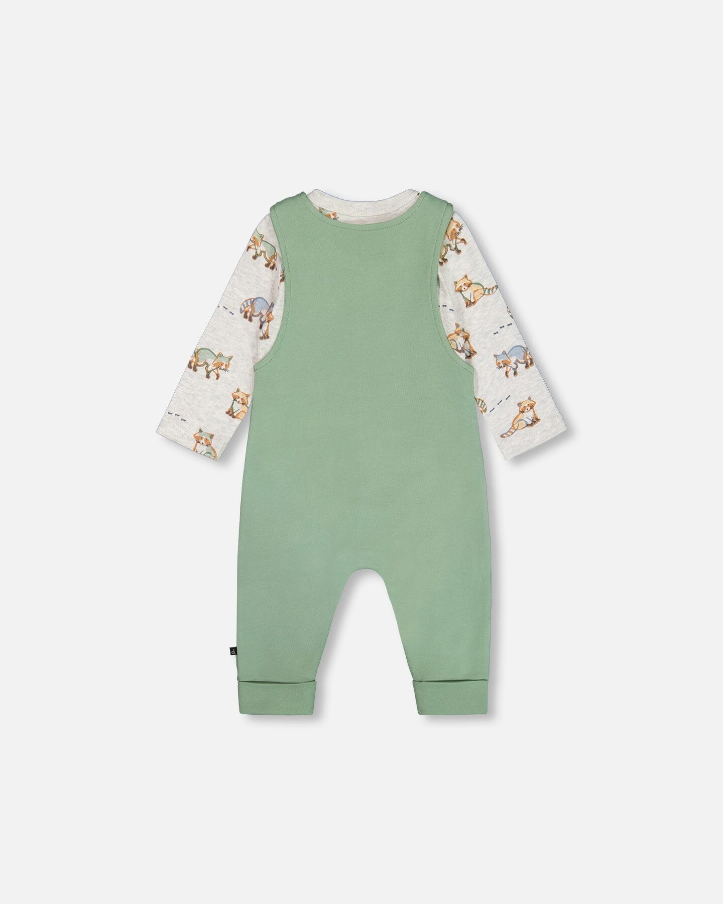 Organic Cotton Printed Onesie And Overall Set Green And Racoon - Image 2